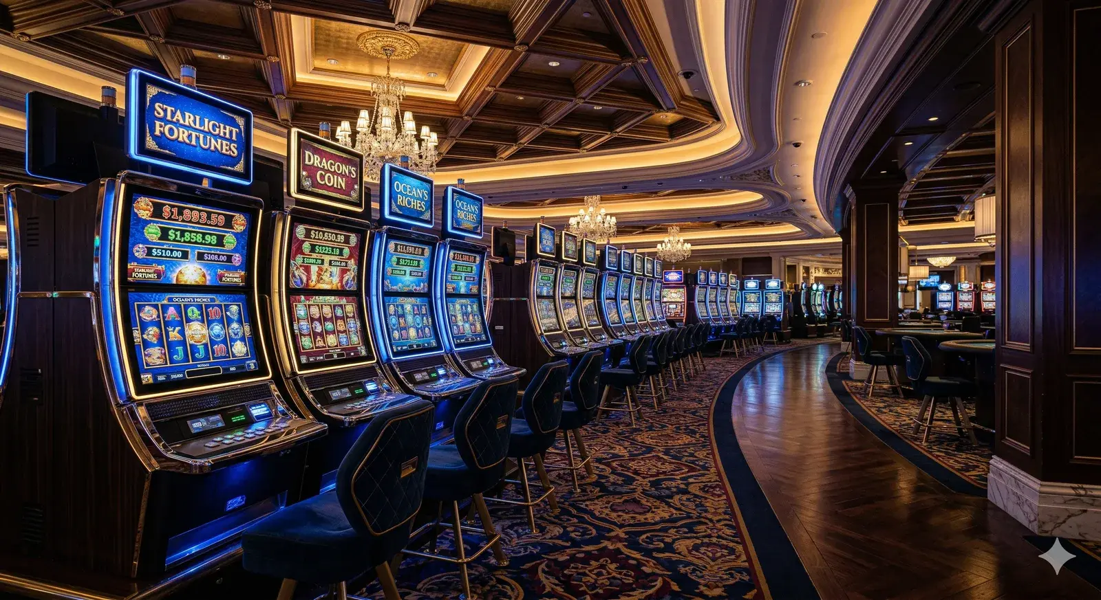 Premium land-based casino floor — slot cabinets, chandeliers, carpeted walkways