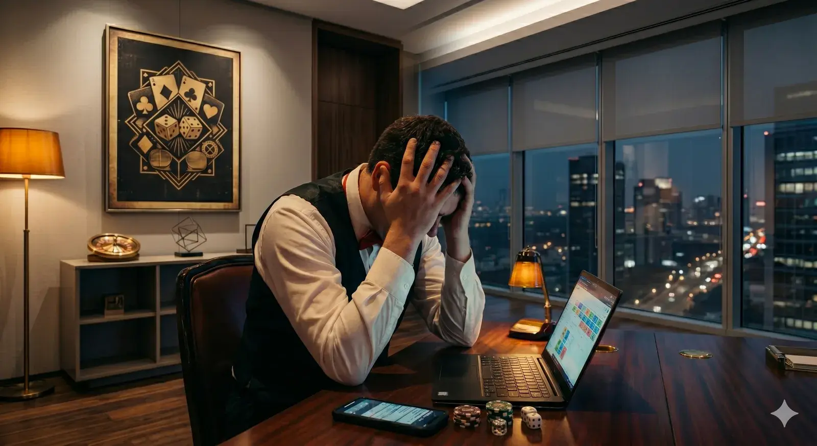 Premium player development overwhelm — a host at his desk with player data scattered across screens