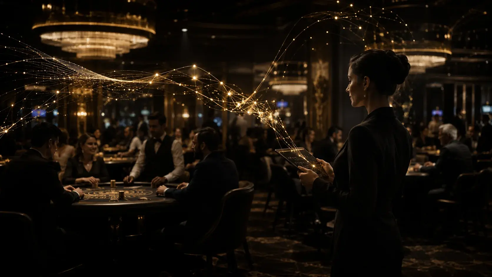 A VIP host on a premium casino floor receiving real-time guidance through gold data threads