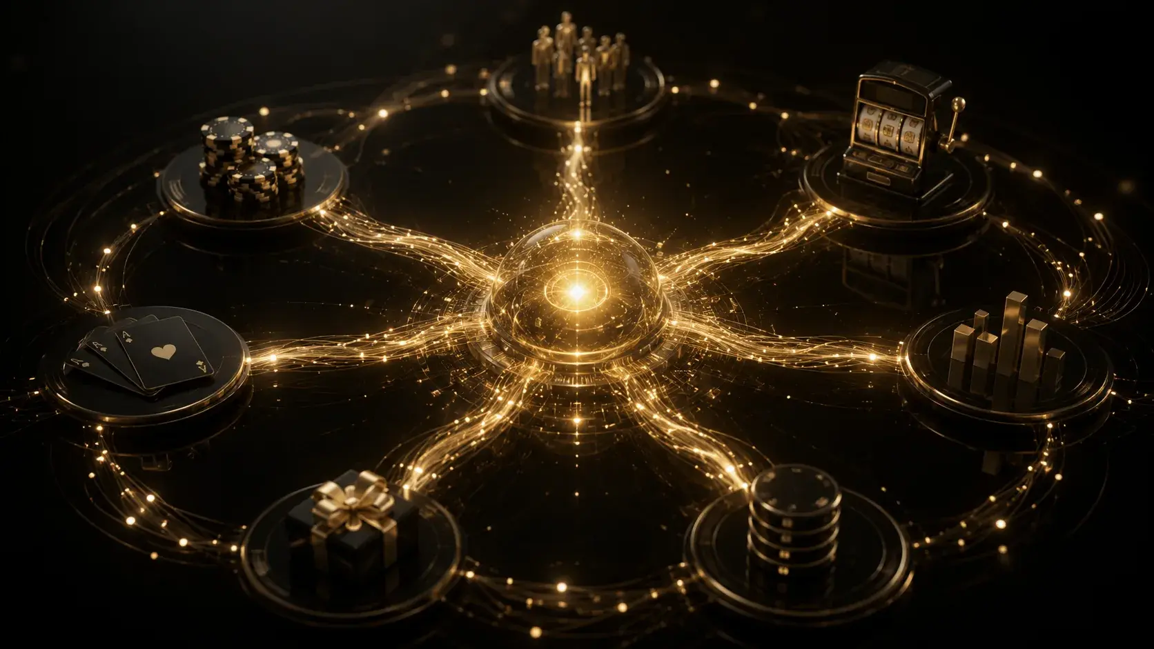 A glowing gold core connecting casino systems into a single orchestration layer