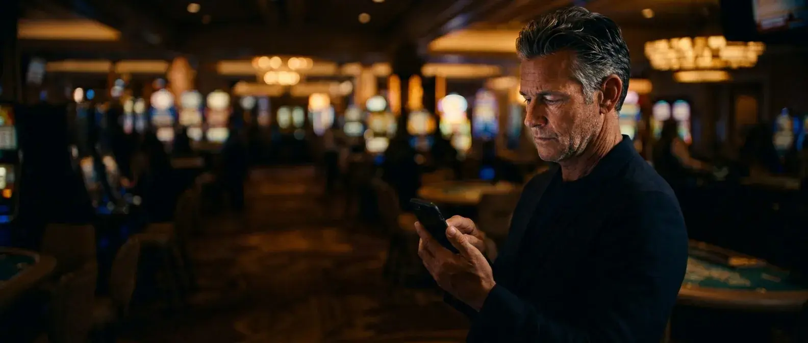 A guest on the casino floor at night, phone in hand