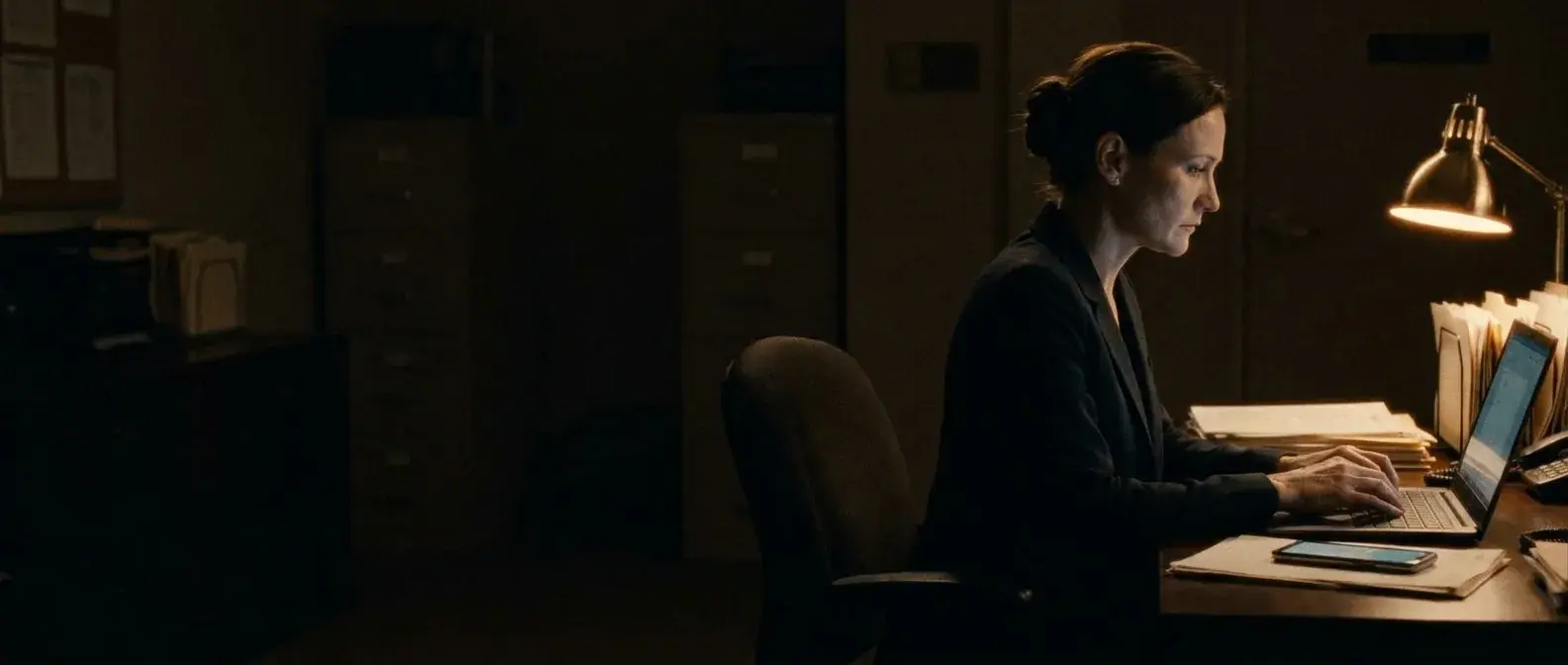 A host working at her desk late at night