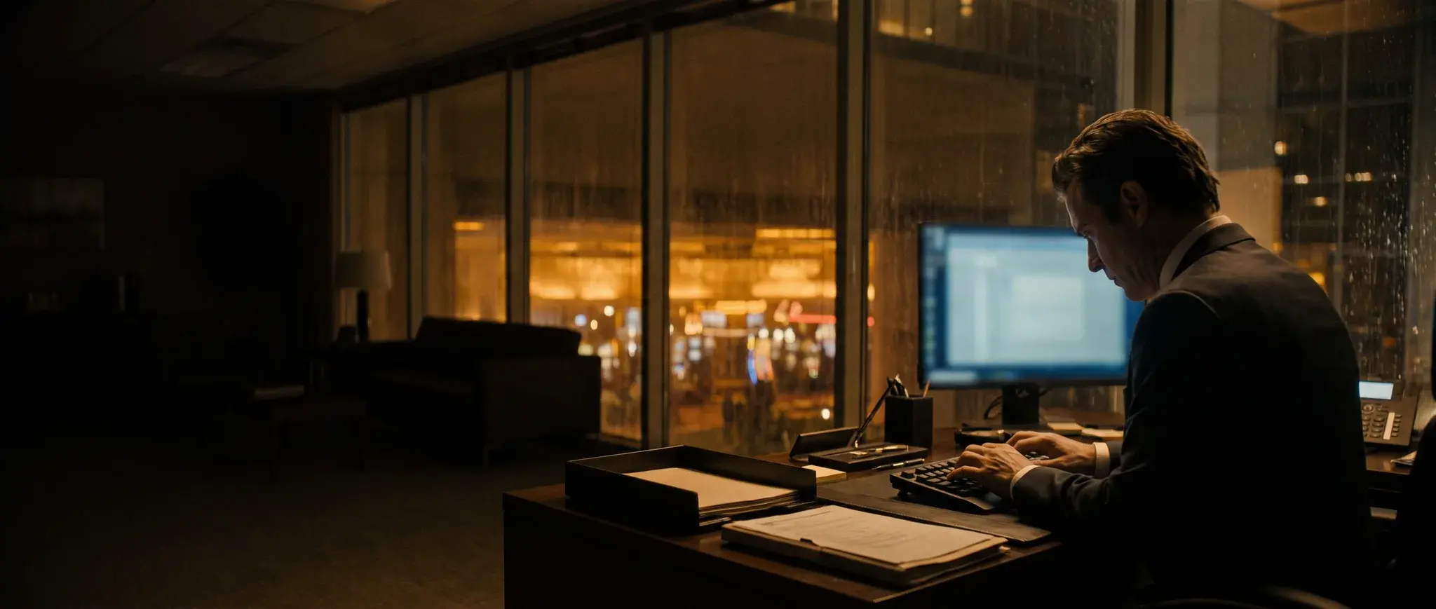 A casino executive at his desk at night, working above the floor