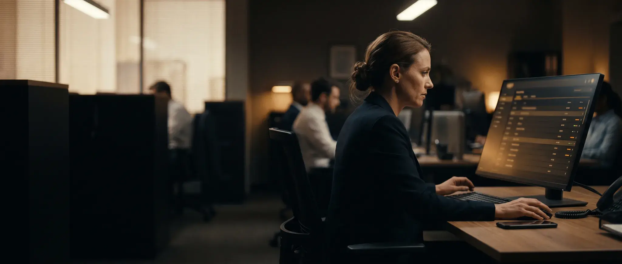Elena, a VIP host, at her console in an operator office, her phone on the desk