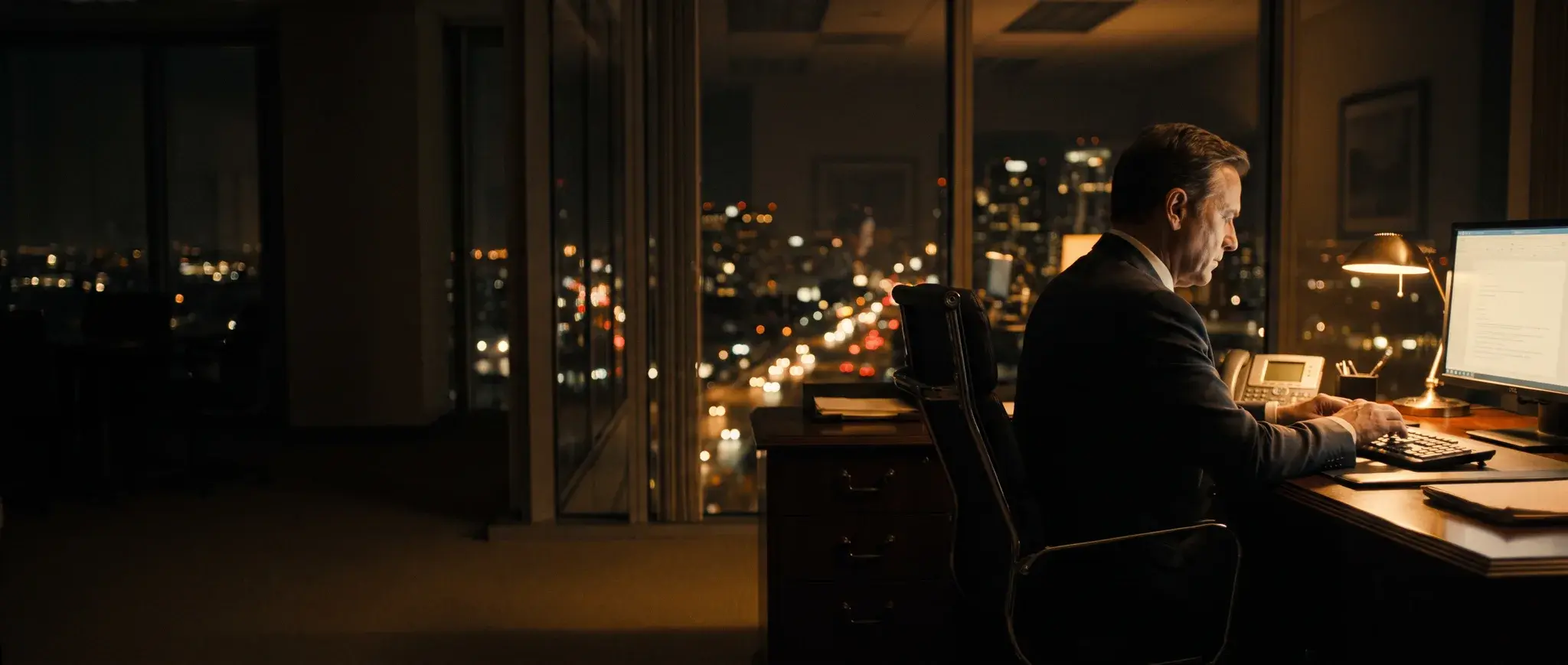 An operator executive at his desk at night, the city behind him