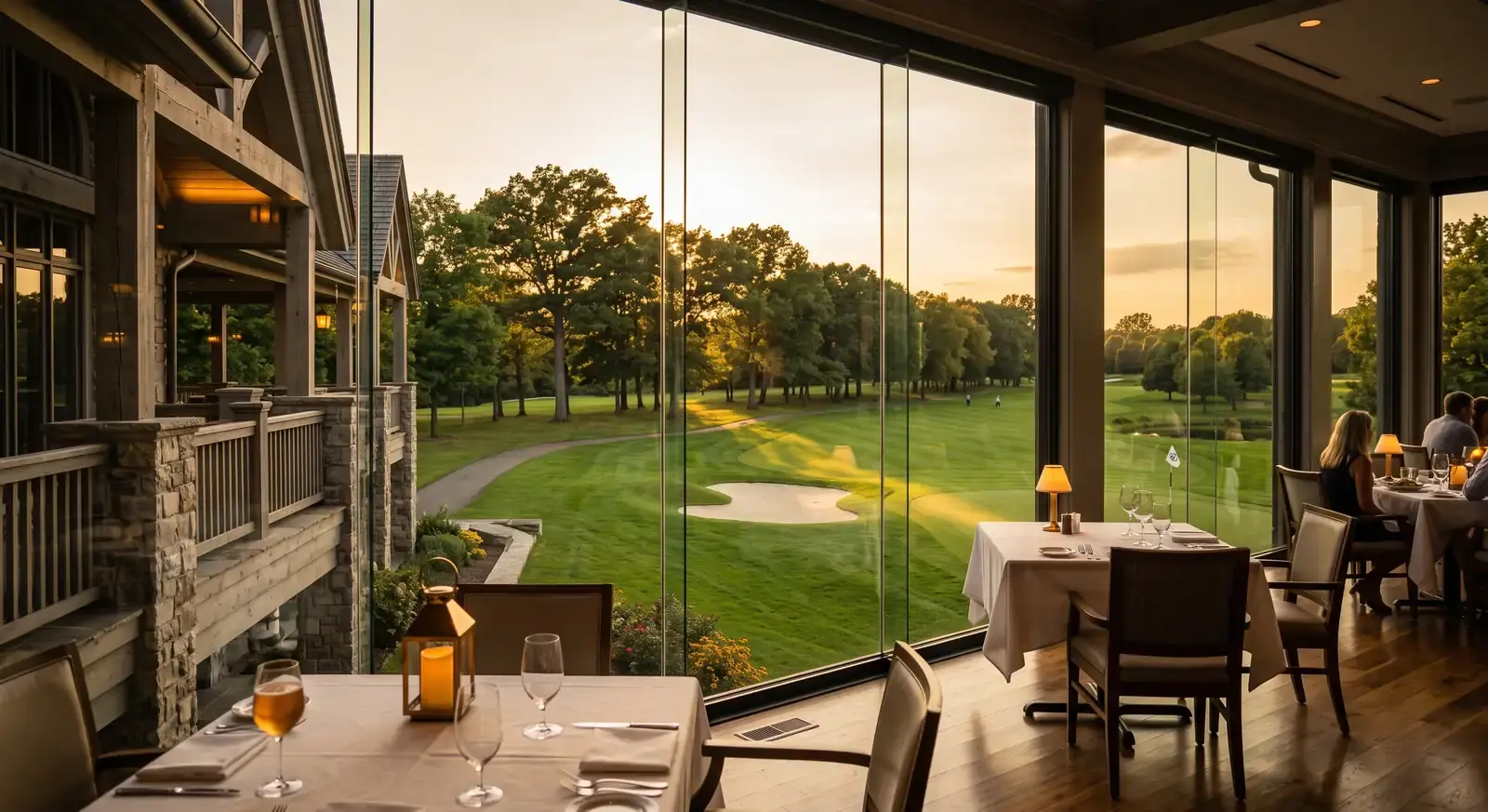 A private club dining room at dusk looking onto the course — where Seven X serves member organizations