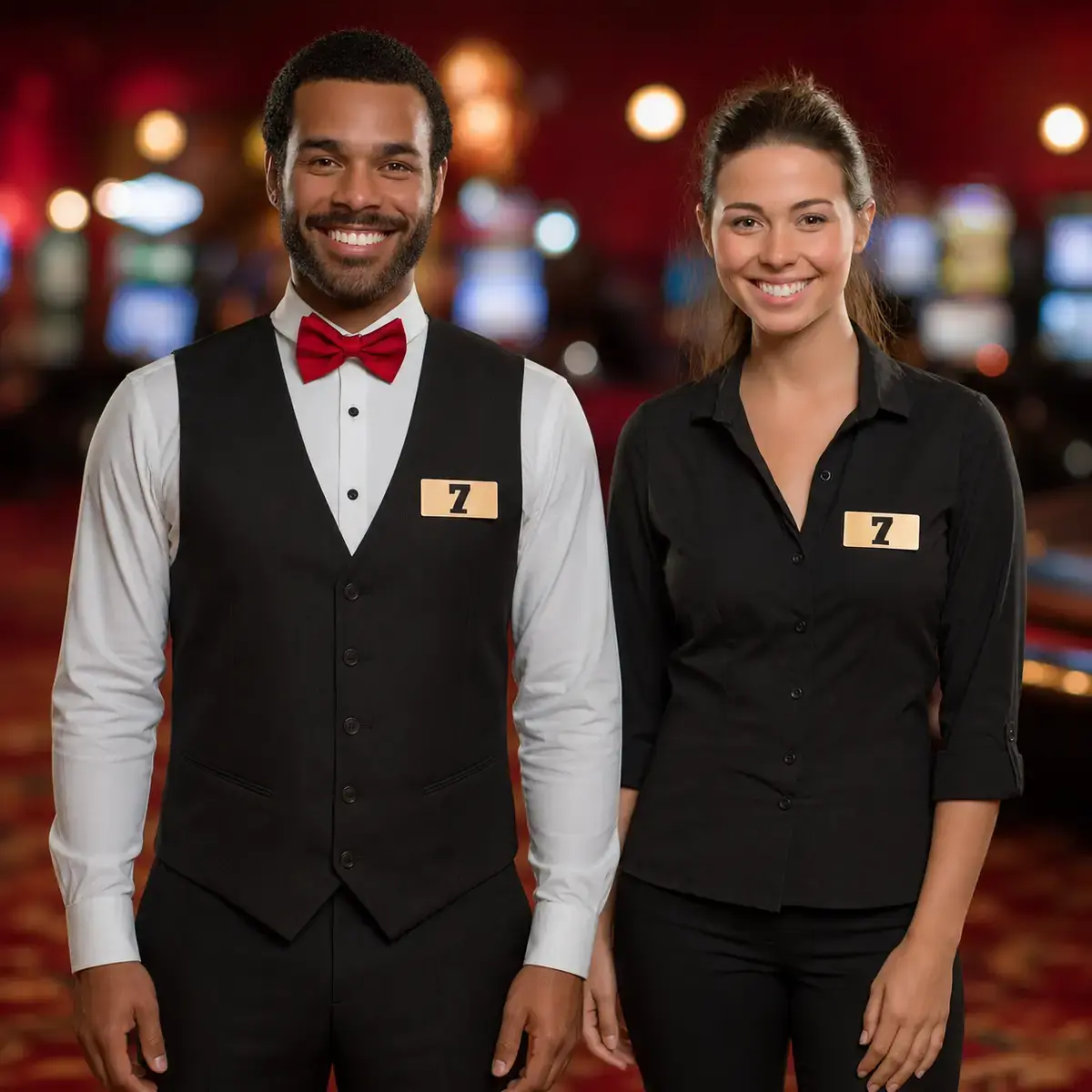 Two Hey Seven hosts on a casino floor, wearing the Seven badge