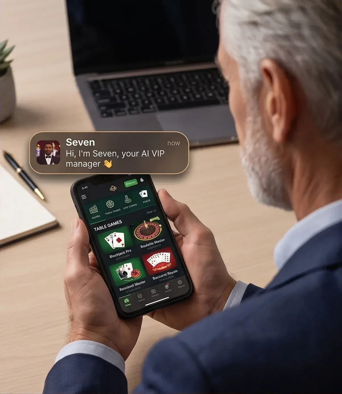 A premium player at his desk, playing on his phone as a message from Seven arrives — where Seven does premium player management online