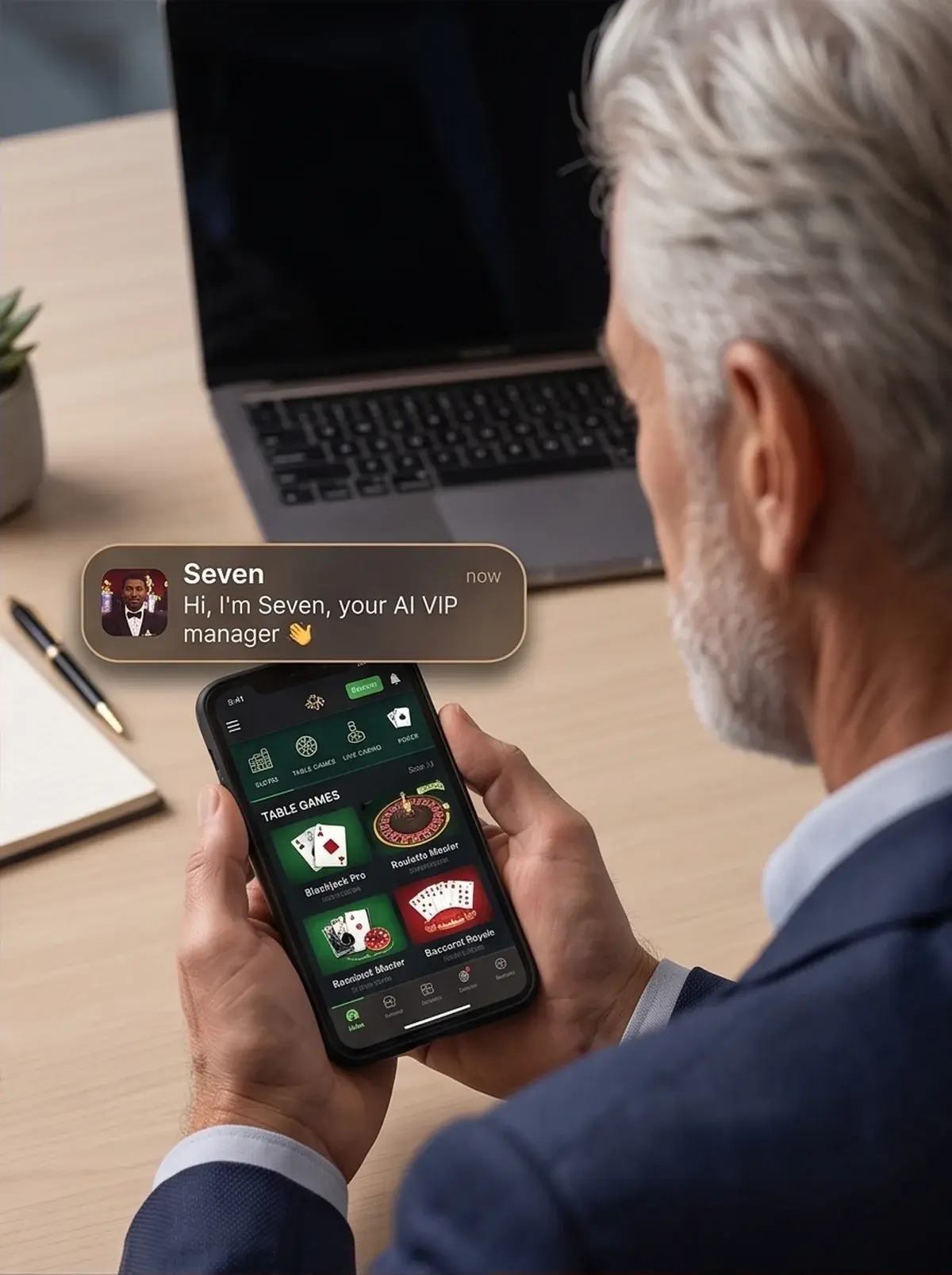 A premium player at his desk opening the casino app to a message from Seven, his AI player manager