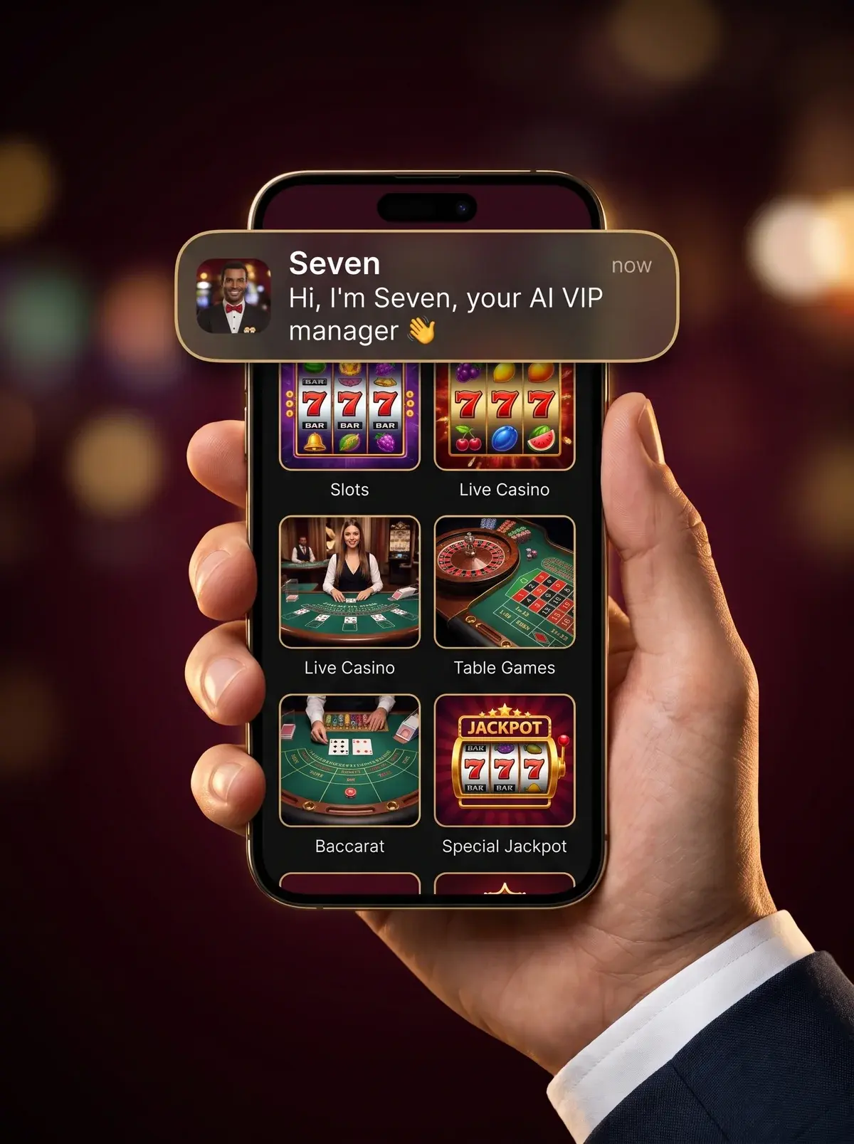 A player opening the casino app to a message from Seven — where Seven does premium player management online