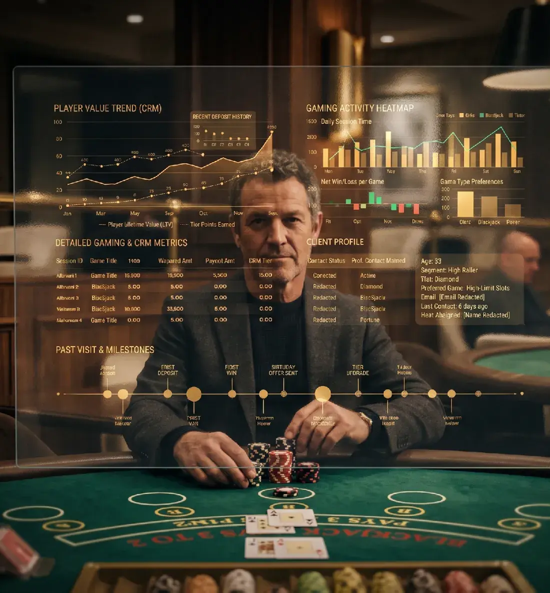 A premium player at a live table — the gaming, conversational and behavioral signals Seven reads about him shown around him