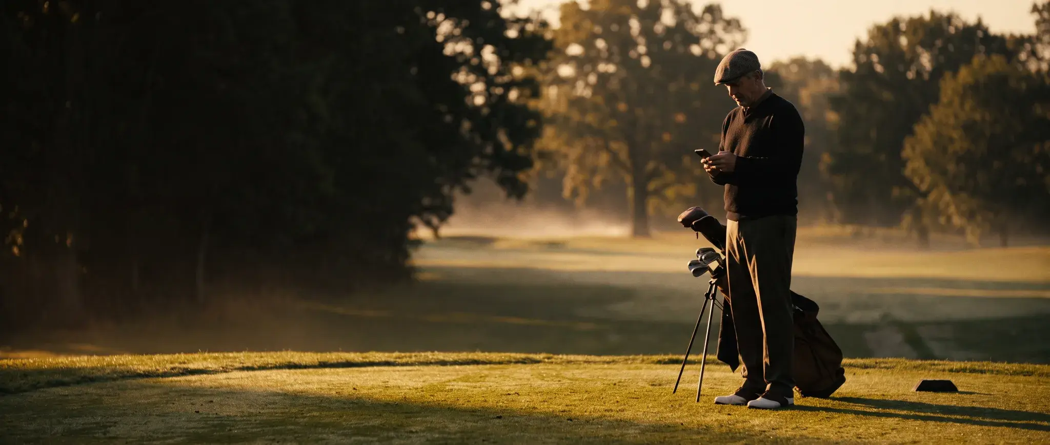 A member on the first tee at sunrise, phone in hand